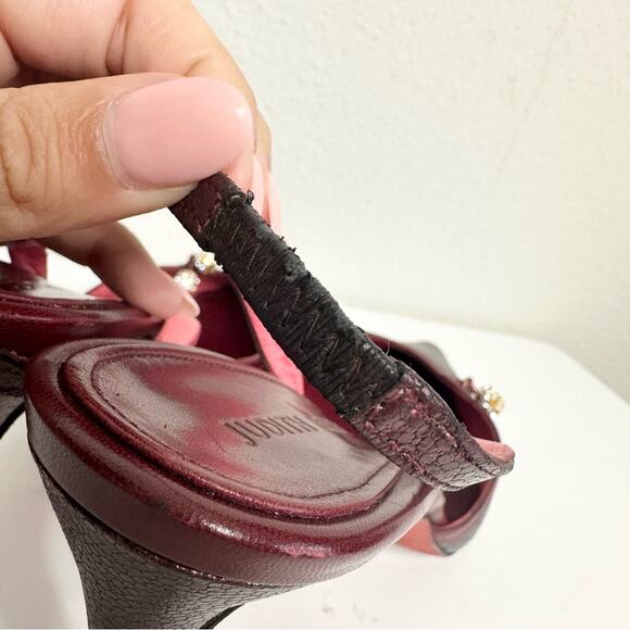 Judith Leiber Burgundy Leather Slingback Heels with Crystal Balls Size 9.5 - Picture 7 of 8